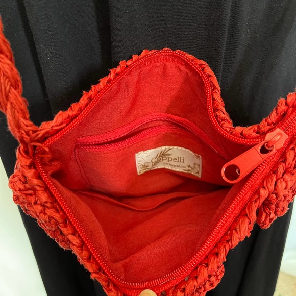 Cappelli Straworld Crossbody Purse Red Raffia Floral Crochet - Picture 7 of 12